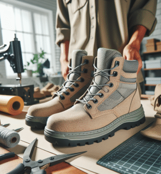 Nærbilde av robuste, moderne arbeidssko plassert på en arbeidsplass: solid såle, pustende tekstil, miljøvennlig materiale, nøytrale farger, profesjonell stemning