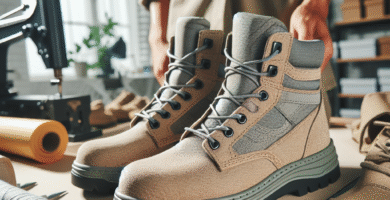Nærbilde av robuste, moderne arbeidssko plassert på en arbeidsplass: solid såle, pustende tekstil, miljøvennlig materiale, nøytrale farger, profesjonell stemning
