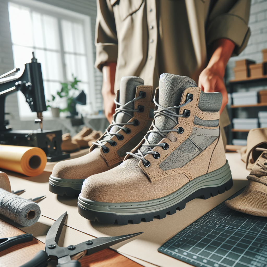 Nærbilde av robuste, moderne arbeidssko plassert på en arbeidsplass: solid såle, pustende tekstil, miljøvennlig materiale, nøytrale farger, profesjonell stemning