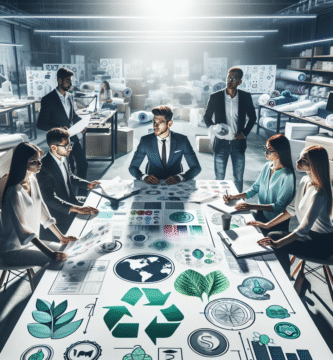Et profesjonelt, moderne team i arbeid: designere, teknikere og logistikkmedarbeidere rundt et bord med tekstilprøver, bærekraft-ikoner og skisser, klart lys, realistisk foto-stil