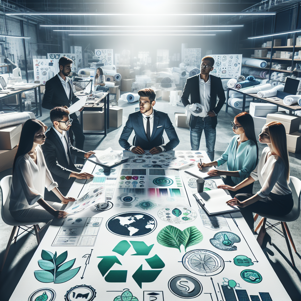 Et profesjonelt, moderne team i arbeid: designere, teknikere og logistikkmedarbeidere rundt et bord med tekstilprøver, bærekraft-ikoner og skisser, klart lys, realistisk foto-stil