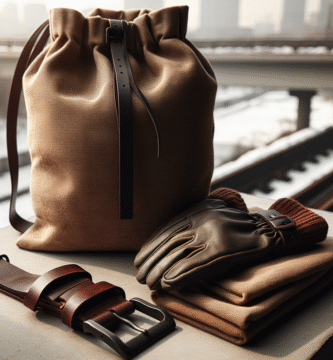 Minimalistisk produktbilde av funksjonelt tilbehør: robust sekk, lærbelte, vanntette hansker i jordtoner, naturlig lys, urban/outdoor hybrid bakgrunn