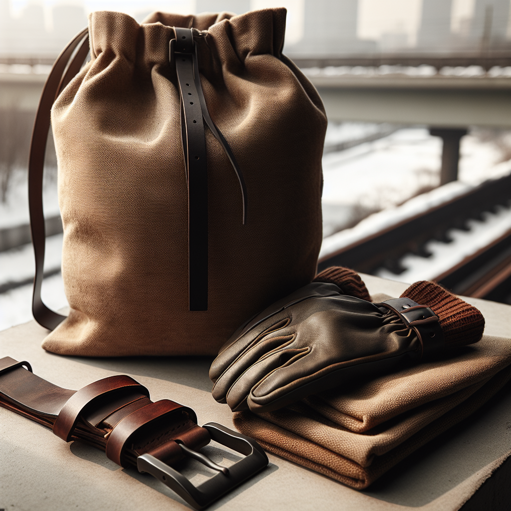 Minimalistisk produktbilde av funksjonelt tilbehør: robust sekk, lærbelte, vanntette hansker i jordtoner, naturlig lys, urban/outdoor hybrid bakgrunn