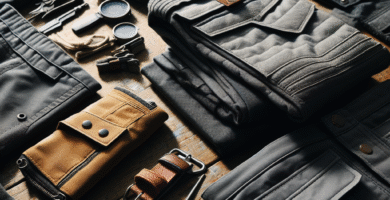 Nærbilde av funksjonelt arbeidstøy og tilbehør lagt ut på et rustikt bord, med fokuserte detaljer som lommer, sømmer og materialtekstur, naturlig lys, moderne og profesjonell stil