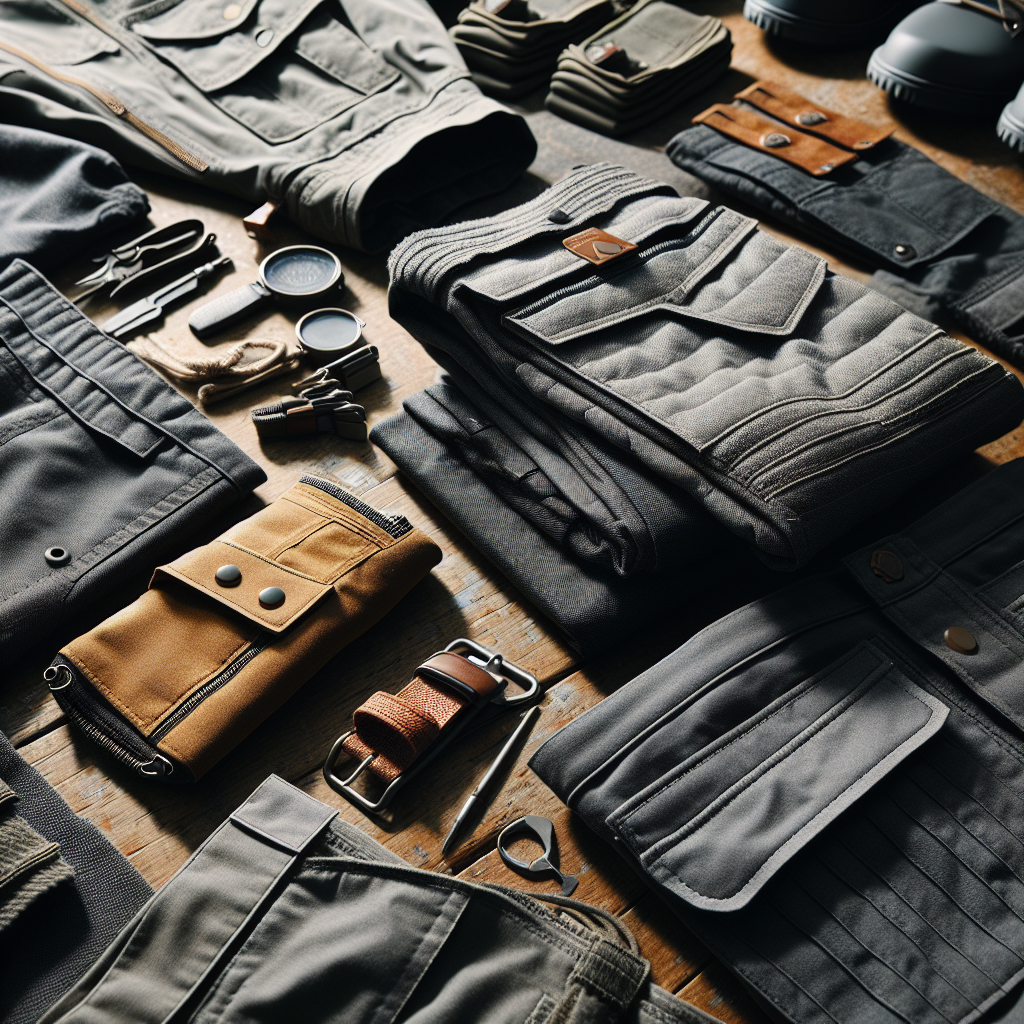 Nærbilde av funksjonelt arbeidstøy og tilbehør lagt ut på et rustikt bord, med fokuserte detaljer som lommer, sømmer og materialtekstur, naturlig lys, moderne og profesjonell stil