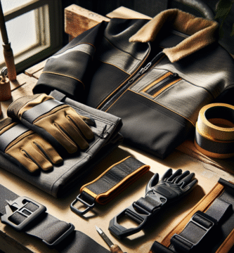 Nærbilde av arbeidstøy og tilbehør på en arbeidsbenk: slitesterk jakke, hansker og verktøybeltet med bærekraftige materialteksturer, naturlig lys, moderne faglig estetikk