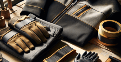 Nærbilde av arbeidstøy og tilbehør på en arbeidsbenk: slitesterk jakke, hansker og verktøybeltet med bærekraftige materialteksturer, naturlig lys, moderne faglig estetikk