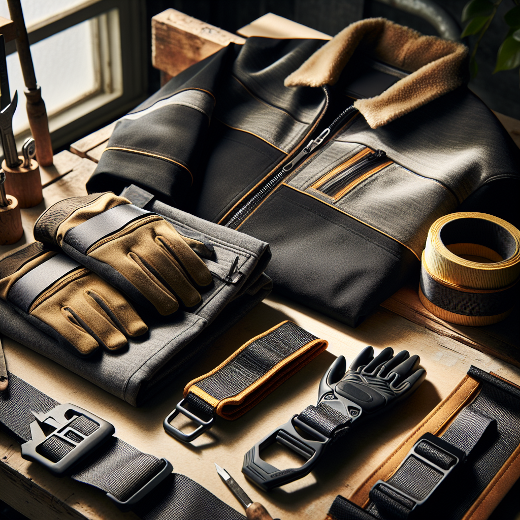 Nærbilde av arbeidstøy og tilbehør på en arbeidsbenk: slitesterk jakke, hansker og verktøybeltet med bærekraftige materialteksturer, naturlig lys, moderne faglig estetikk