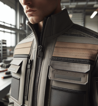 Nærbilde av moderne arbeidsjakke i teknisk stoff, synlige forsterkninger og modulære lommer, nøytralt verkstedmiljø, naturlig belysning, høy detaljskarphet