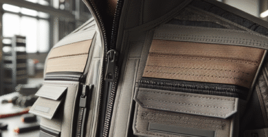 Nærbilde av moderne arbeidsjakke i teknisk stoff, synlige forsterkninger og modulære lommer, nøytralt verkstedmiljø, naturlig belysning, høy detaljskarphet