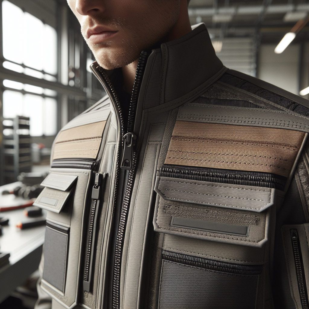 Nærbilde av moderne arbeidsjakke i teknisk stoff, synlige forsterkninger og modulære lommer, nøytralt verkstedmiljø, naturlig belysning, høy detaljskarphet