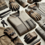 Nærbilde av moderne, funksjonelt arbeidsutstyr: slitesterke jakker, hansker og verktøy i nøytrale farger, med fokus på tekstur, materialer og bærekraftsymboler