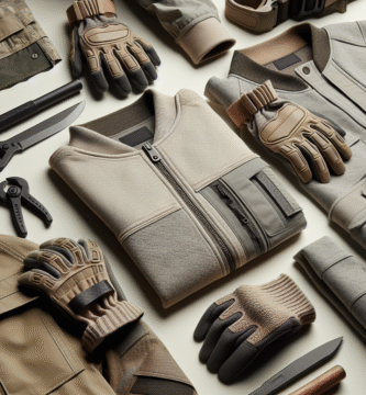 Nærbilde av moderne, funksjonelt arbeidsutstyr: slitesterke jakker, hansker og verktøy i nøytrale farger, med fokus på tekstur, materialer og bærekraftsymboler