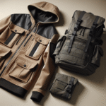 En moderne, funksjonell arbeidsjakke og flerbruksryggsekk på en nøytral bakgrunn, med fokus på detaljer som lommer, sømmer og materialtekstur