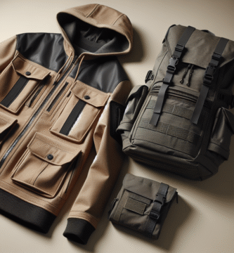 En moderne, funksjonell arbeidsjakke og flerbruksryggsekk på en nøytral bakgrunn, med fokus på detaljer som lommer, sømmer og materialtekstur