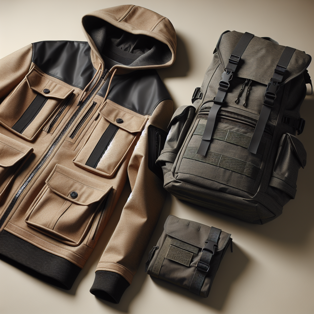 En moderne, funksjonell arbeidsjakke og flerbruksryggsekk på en nøytral bakgrunn, med fokus på detaljer som lommer, sømmer og materialtekstur