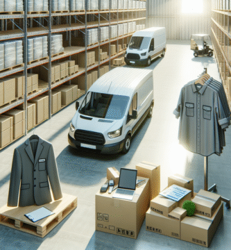 Et oversiktsbilde av en moderne logistikkhub for arbeidstøy: pakker, miljøvennlig emballasje, en budbil i bakgrunnen, profesjonelle klær på hyller, klart dagslys.