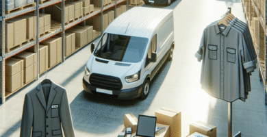 Et oversiktsbilde av en moderne logistikkhub for arbeidstøy: pakker, miljøvennlig emballasje, en budbil i bakgrunnen, profesjonelle klær på hyller, klart dagslys.