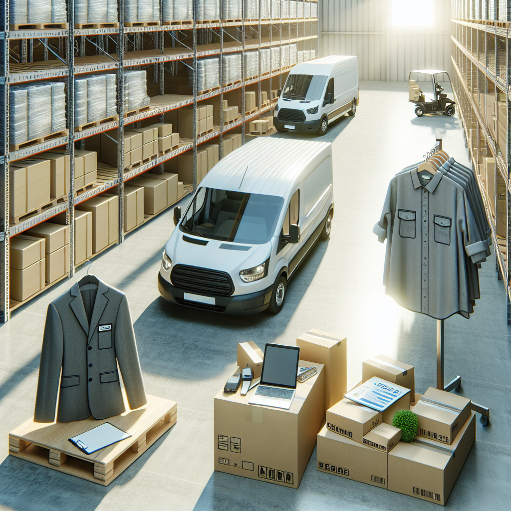 Et oversiktsbilde av en moderne logistikkhub for arbeidstøy: pakker, miljøvennlig emballasje, en budbil i bakgrunnen, profesjonelle klær på hyller, klart dagslys.