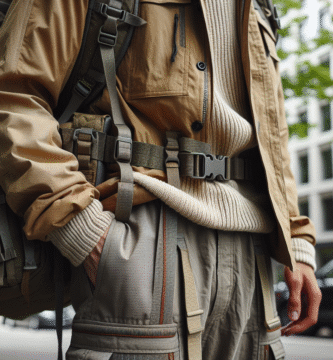 Nærbilde av funksjonelle klær og tilbehør: slitesterk jakke, robust ryggsekk, forsterkede sømmer og nøytrale farger i naturlig urbant miljø