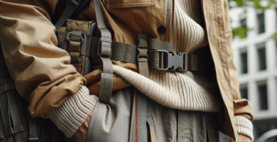 Nærbilde av funksjonelle klær og tilbehør: slitesterk jakke, robust ryggsekk, forsterkede sømmer og nøytrale farger i naturlig urbant miljø