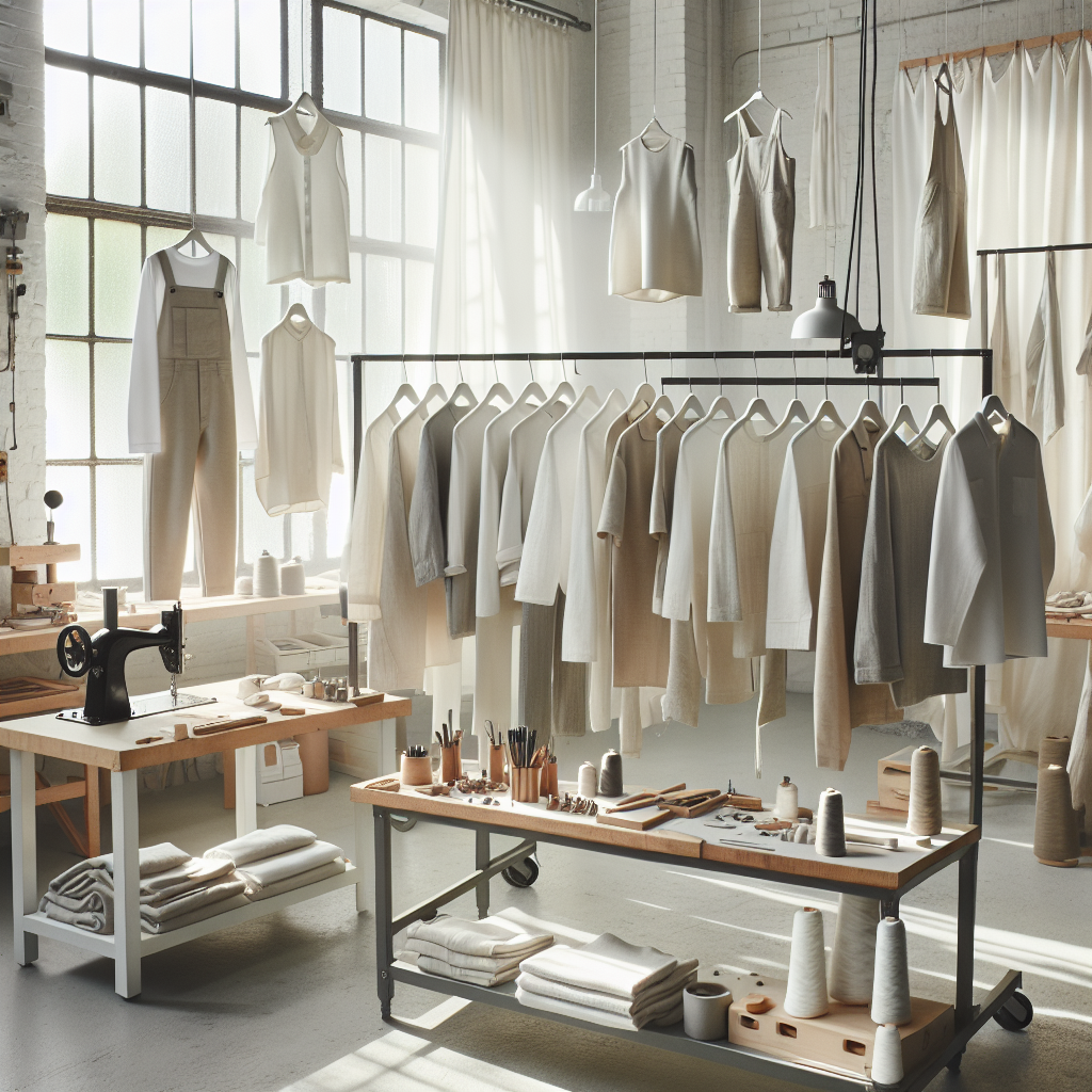 En moderne, tidløs kleskolleksjon hengt i et lyst verkstedmiljø med fokus på bærekraft: naturlige tekstiler, nøytrale farger og verktøy for reparasjon, minimalistisk stil