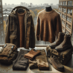 Flat lay av funksjonelle klær: robust jakke, ullgenser, t-skjorte, bukse og støvler i jordtoner på urban bakgrunn, naturlig lys