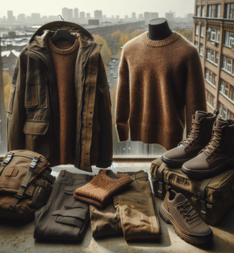 Flat lay av funksjonelle klær: robust jakke, ullgenser, t-skjorte, bukse og støvler i jordtoner på urban bakgrunn, naturlig lys