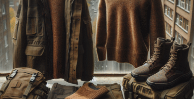 Flat lay av funksjonelle klær: robust jakke, ullgenser, t-skjorte, bukse og støvler i jordtoner på urban bakgrunn, naturlig lys