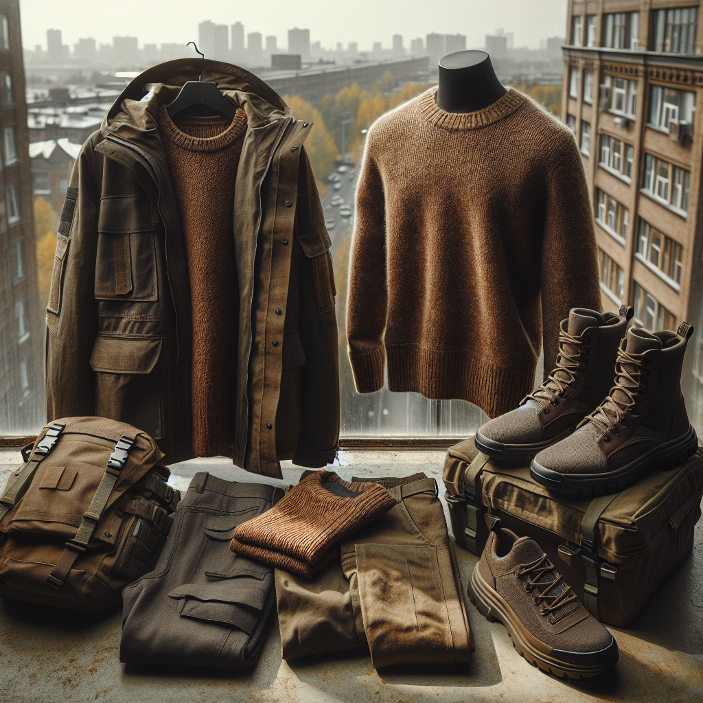 Flat lay av funksjonelle klær: robust jakke, ullgenser, t-skjorte, bukse og støvler i jordtoner på urban bakgrunn, naturlig lys