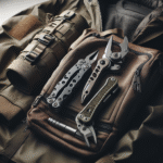 Nærbilde av funksjonelt friluftsutstyr: teknisk jakke, sekk og multitool på nøytral bakgrunn, høy detalj, naturlig lys