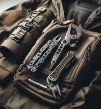 Nærbilde av funksjonelt friluftsutstyr: teknisk jakke, sekk og multitool på nøytral bakgrunn, høy detalj, naturlig lys