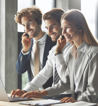 Norsk kundeserviceteam i moderne arbeidstøy som hjelper kunde via laptop og mobil, vennlig og profesjonell atmosfære, naturlig lys