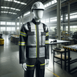 En moderne arbeidssituasjon med slitesterke, bærekraftige arbeidsklær; ergonomisk design, høy synlighet, nøytral fabrikkbakgrunn, naturlig lys