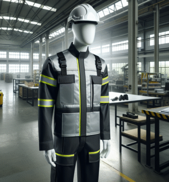 En moderne arbeidssituasjon med slitesterke, bærekraftige arbeidsklær; ergonomisk design, høy synlighet, nøytral fabrikkbakgrunn, naturlig lys