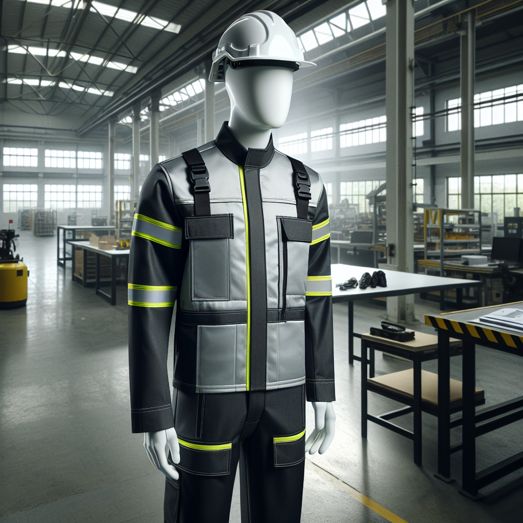 En moderne arbeidssituasjon med slitesterke, bærekraftige arbeidsklær; ergonomisk design, høy synlighet, nøytral fabrikkbakgrunn, naturlig lys